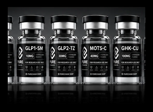 Pure Chain product lineup — RT10, RT20, GLP1-SM, GLP2-TZ, MOTS-C, GHK-CU, Tesamorlin, BAC Water
